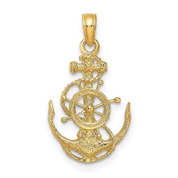14k Yellow Gold Small Anchor Ship's Wheel and Rope Pendant